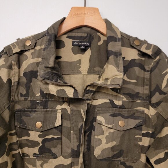 Shinestar Jacket Camo Utility Jacket Pockets Full Zip Cinch Waist Womens Lg - Picture 4 of 7